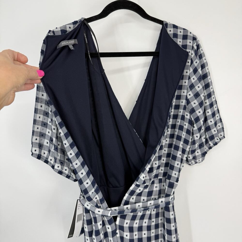 Julia Jordan Faux Wrap Dress size 16 Blue Check Ruffled Hem Feminine NWT - Picture 9 of 15